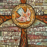 original acrylic painting of a fiery cross and dove designed with the words of a Holy Spirit Prayer by St. Augustine.